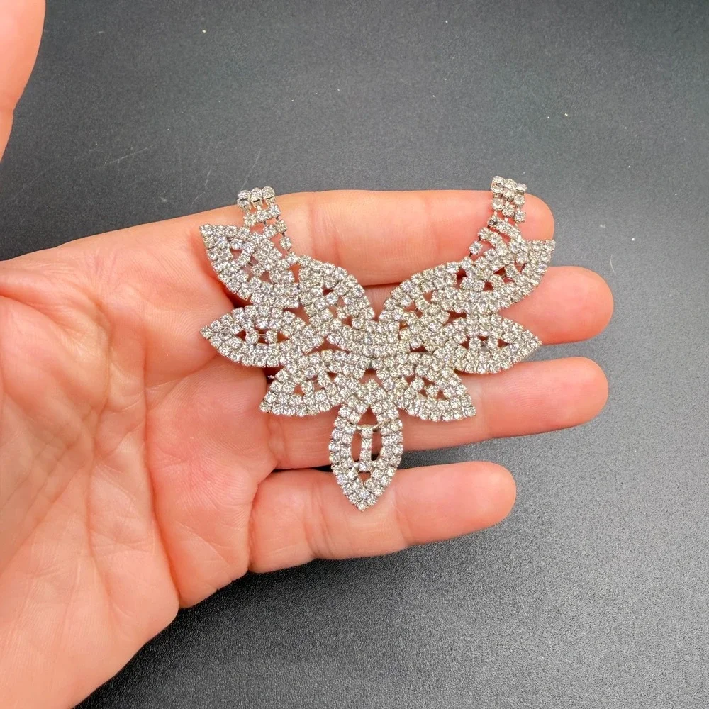 Rhinestone Leaf Statement Necklace Silver Tone Crystal Floral Bib Collar Jewelry